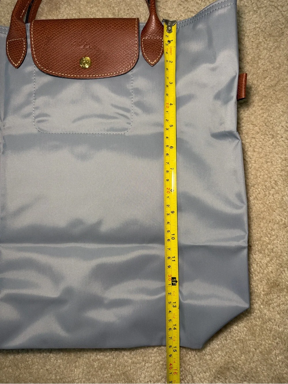 Longchamp Le Pliage Women's Tote Bag in Light Blue with Brown Trim - Picture 2 of 12